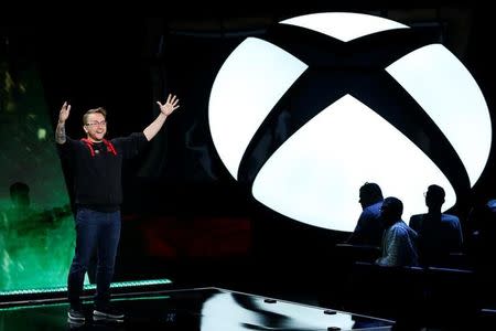 Damien Monnier speaks at the Microsoft Xbox E3 2016 media briefing in Los Angeles, California, U.S., June 13, 2016. REUTERS/Lucy Nicholson