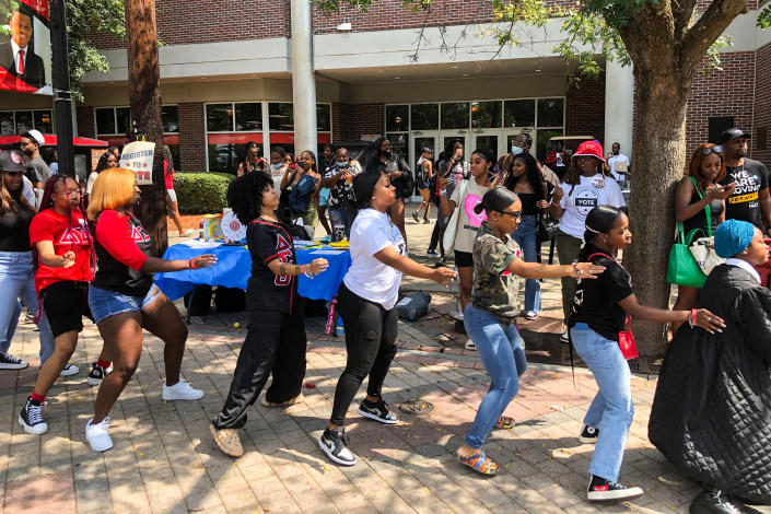 Clark Atlanta University Votes collaborated with on-campus fraternities and sororities, to host a voter registration drive on Sept. 20, 2022, National Voter Registration Day, in Atlanta. (Sojourner Ahebee / NBC News)