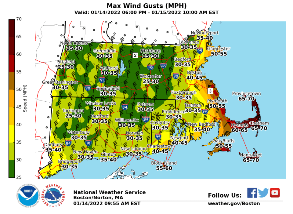 Wind gusts on Cape Cod could reach 70 mph during the Friday (1/14/22) to Saturday time frame. Power outages are possible.
