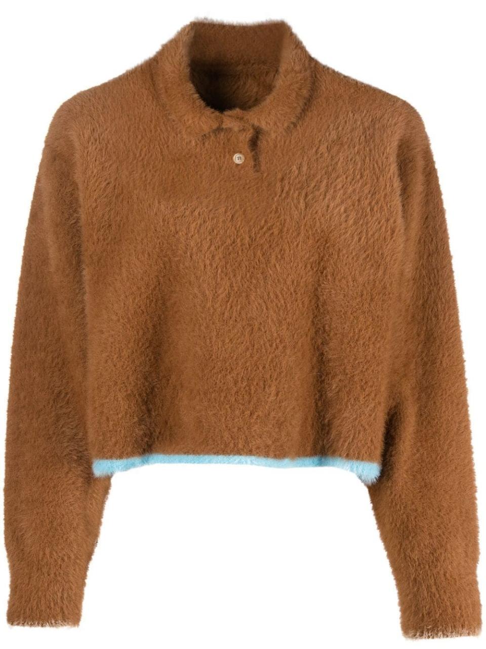 brown fuzzy cropped polo with blue hem