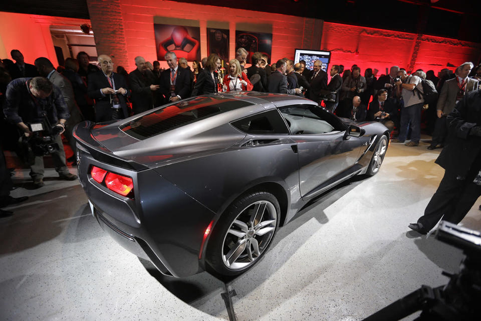 The new Corvette Stingray is displayed after its unveiling in Detroit.