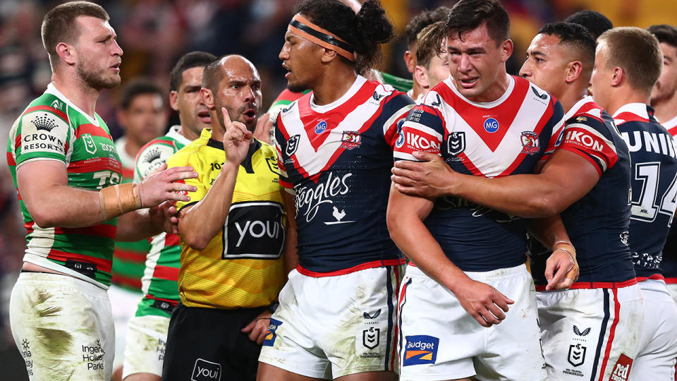 Tempers flared between South Sydney and the Roosters after Latrell Mitchell's hit on former teammate Joey Manu. (Photo by Chris Hyde/Getty Images)