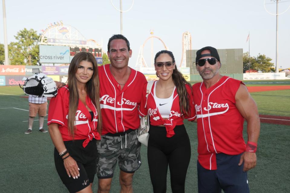 NEW YORK, NEW YORK – AUGUST 12: (L-R) Teresa Giudice, Luis Ruelas, Melissa Gorga and Joe Gorga of The Real Housewives of New Jersey attend the 2021 Battle for Brooklyn celebrity softball game at Maimonides Park, Coney Island on August 12, 2021 in New York City. (Photo by Rob Kim/Getty Images)