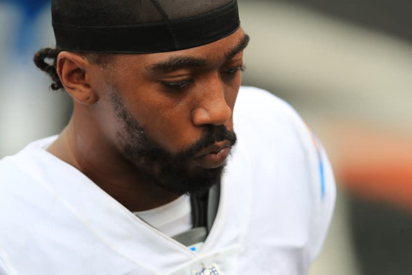 Los Angeles Chargers quarterback Tyrod Taylor (5) leaves the field for halftime during an NFL football game.