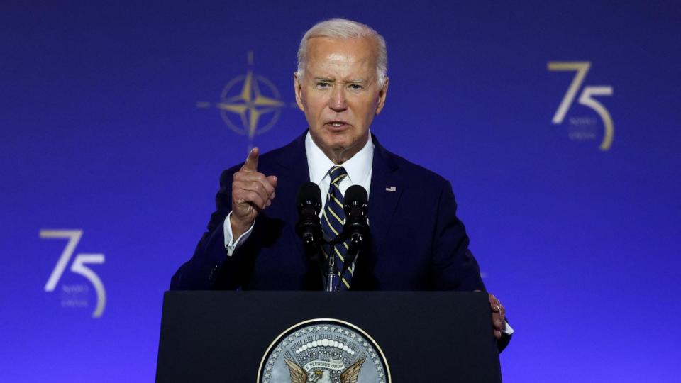 PHOTO: President Joe Biden speaks at a NATO event to commemorate the 75th anniversary of the alliance, in Washington, D.C., July 9, 2024.  (Yves Herman/Reuters)