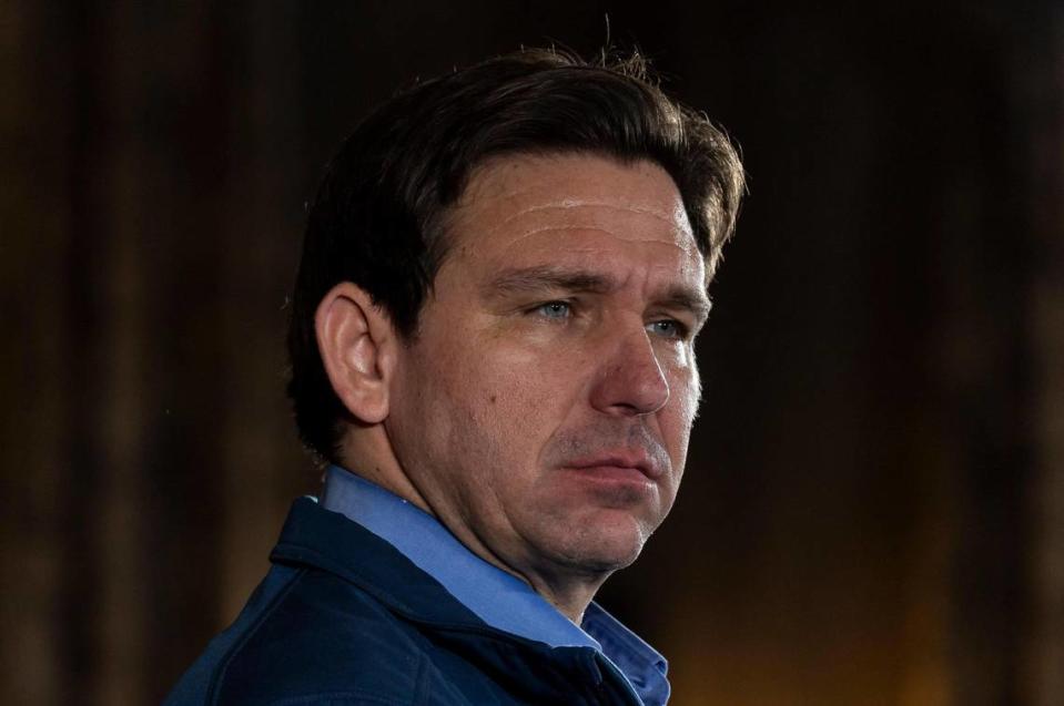 Florida Governor Ron DeSantis listens during a town hall at the LaBelle Winery on Tuesday, Jan. 17, 2024, in Derry, New Hampshire. After placing second in the Iowa Caucuses, DeSantis faces an uphill climb in the New Hampshire primary.