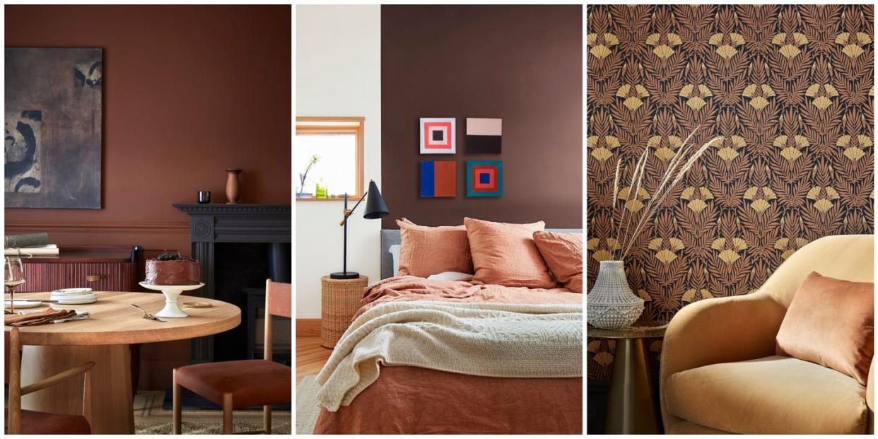 a dining room, bedroom and seating area decorated in brown