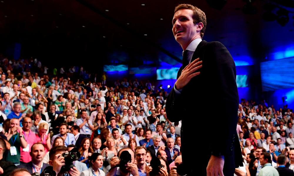 Pablo Casado acknowledges delegates after being chosen as the new leader of Spain’s People’s party