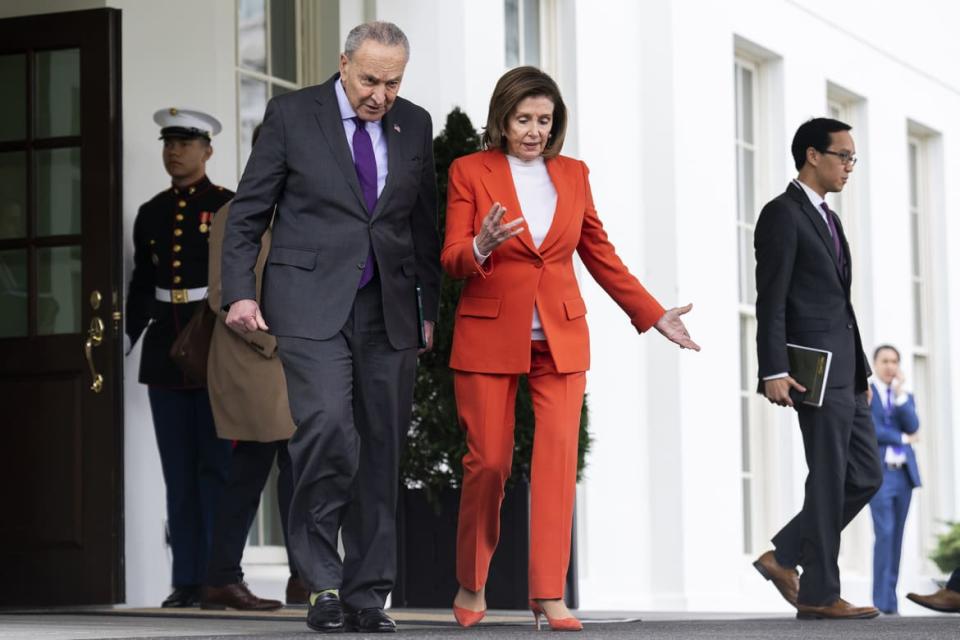 <div class="inline-image__caption"><p>Speaker of the House Nancy Pelosi, D-Calif., and Senate Majority Leader Charles Schumer, D-N.Y., are seen after a meeting about avoiding a railroad worker strike with President Joe Biden at the White House on Nov. 29, 2022.</p></div> <div class="inline-image__credit">Tom Williams/CQ-Roll Call, Inc via Getty Images</div>