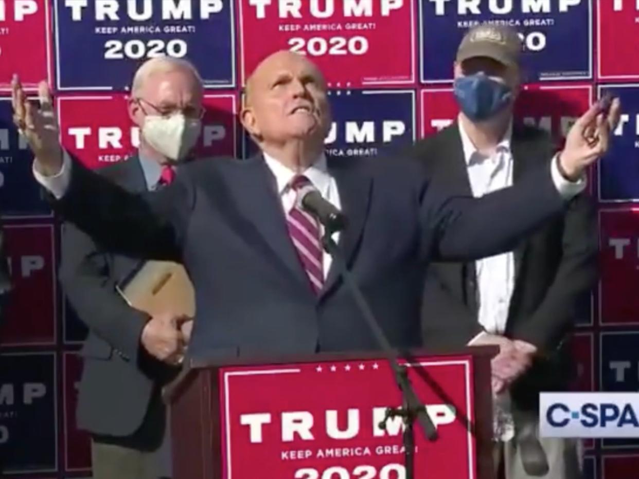 Rudy Giuliani on hearing that Joe Biden had won the 2020 presidential election on Saturday (C-Span)