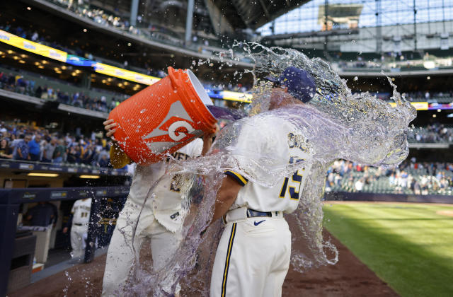 Milwaukee, WI, USA. 16th Apr, 2021. Milwaukee Brewers right fielder Tyrone  Taylor #42 looks toward the Brewers bench after hitting a run scoring  double in the 5th inning of the Major League