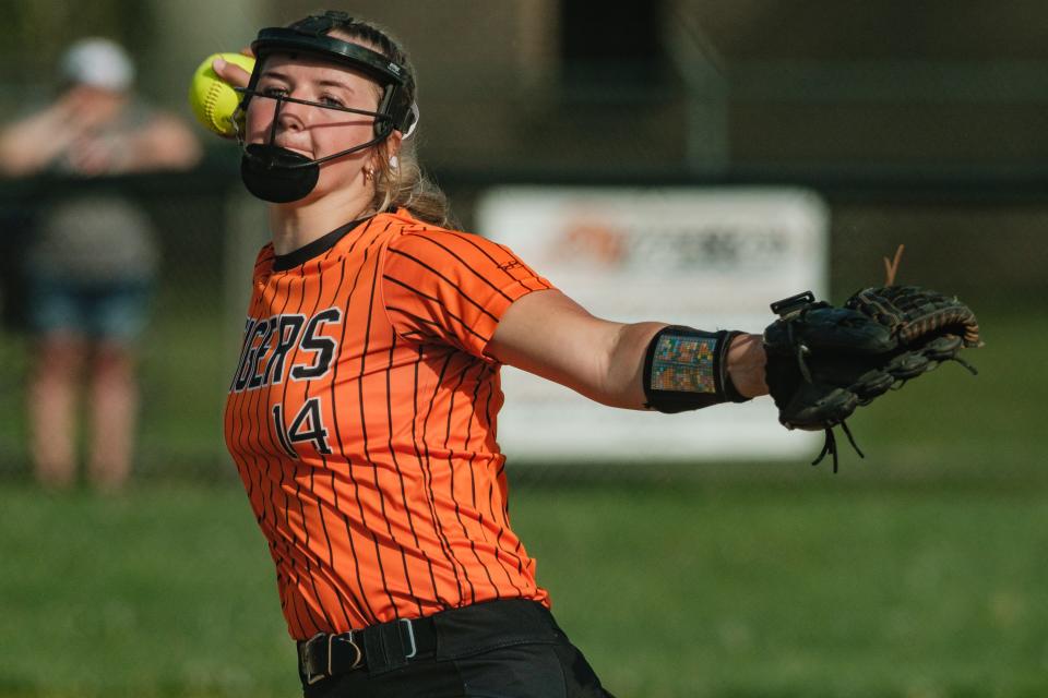 Strasburg's starting pitcher Miley Reifenschneider winds up during a game against Buckeye Trail, Tuesday, April 30 at Strasburg-Franklin Park, in Strasburg.