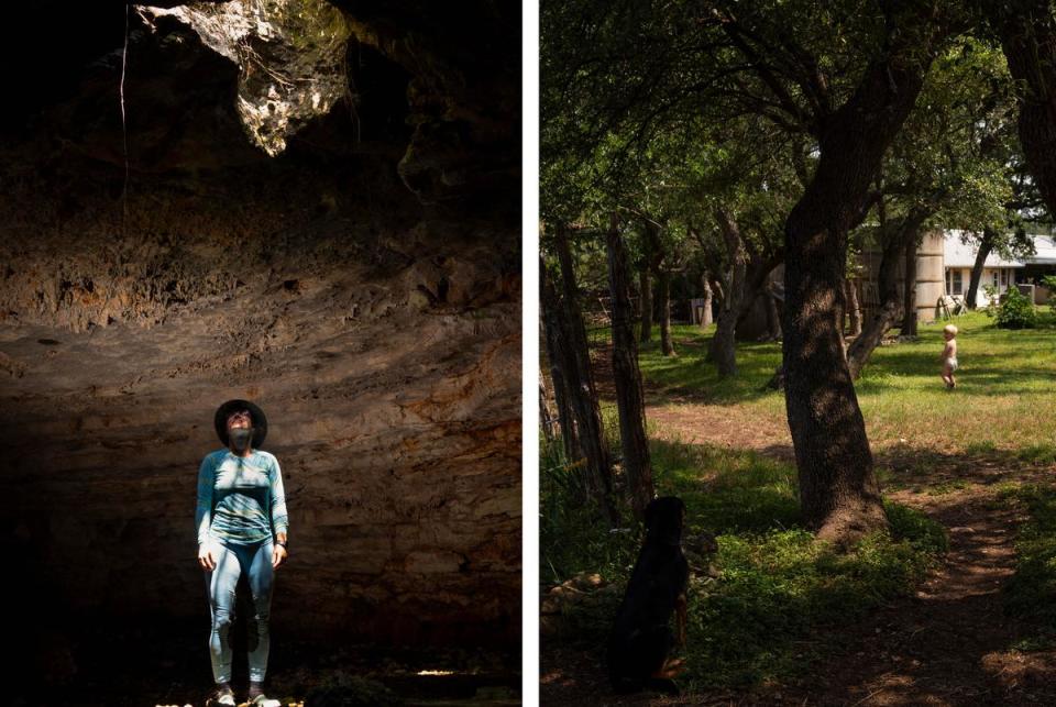 First: Erin Bell, owner of Big Heart Ranch and a horse dressage company along Doug Harrison’s property, explores a cave that sits on her land in Comal County nearly halfway between New Braunfels and Bulverde on June 15, 2023. Bell is among the residents who raised environmental concerns after Doug Harrison submitted an application for a wastewater treatment plant on his 500-plus-acre plot of land. Second:James, Bell, 2, runs across the backyard with a dead katydid in hand as Erin Bell, owner of Big Heart Ranch and a horse dressage company along Doug Harrison’s property, and her dog, Lacey, 8, watch, in Comal County nearly halfway between New Braunfels and Bulverde on June 15, 2023. Bell is among the residents who raised environmental concerns after Doug Harrison submitted an application for a wastewater treatment plant on his 500-plus-acre plot of land.