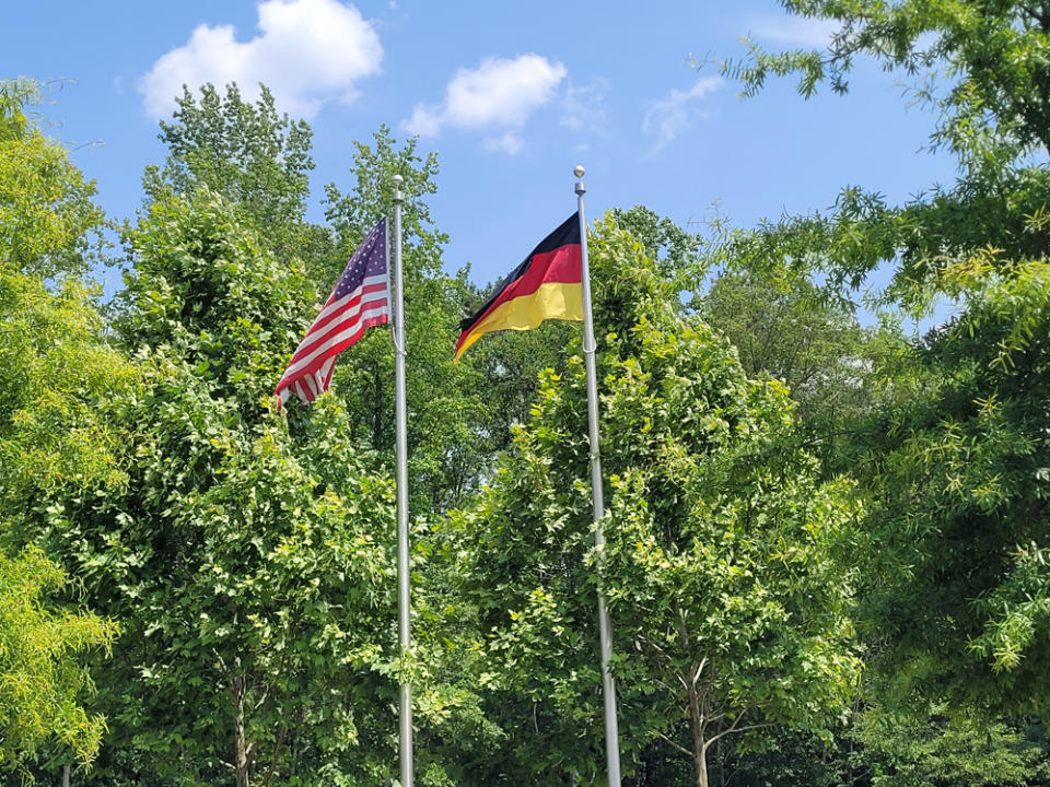 Blickle shows off its German roots with the German flag outside its Newnan, Georgia, plant alongside the American one. (Patrick O’Donnell)