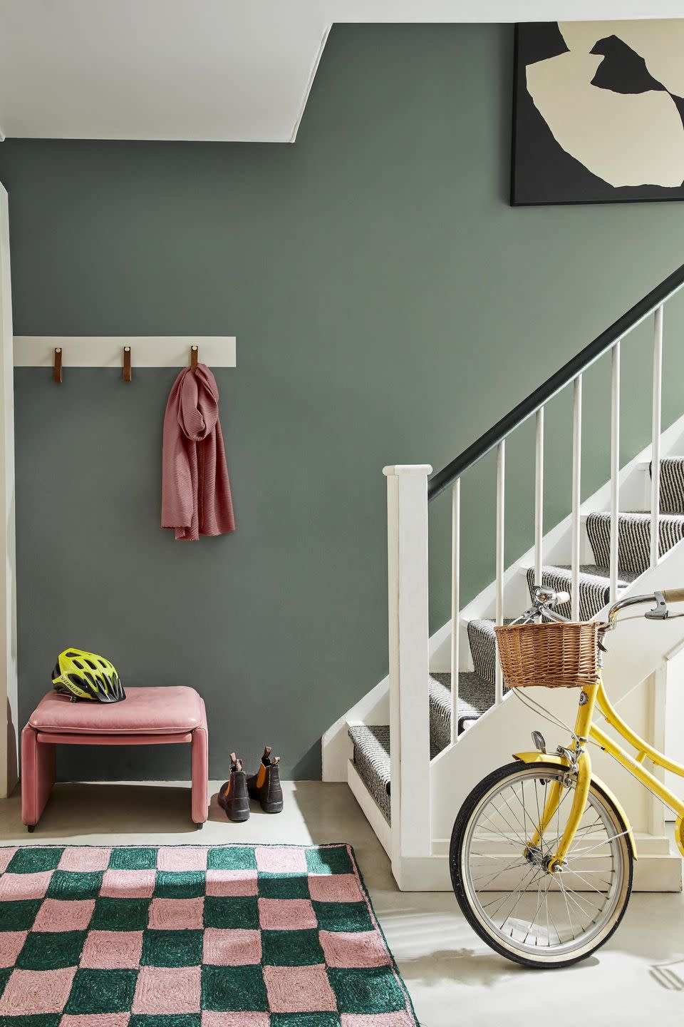 a room with a bike and a chair