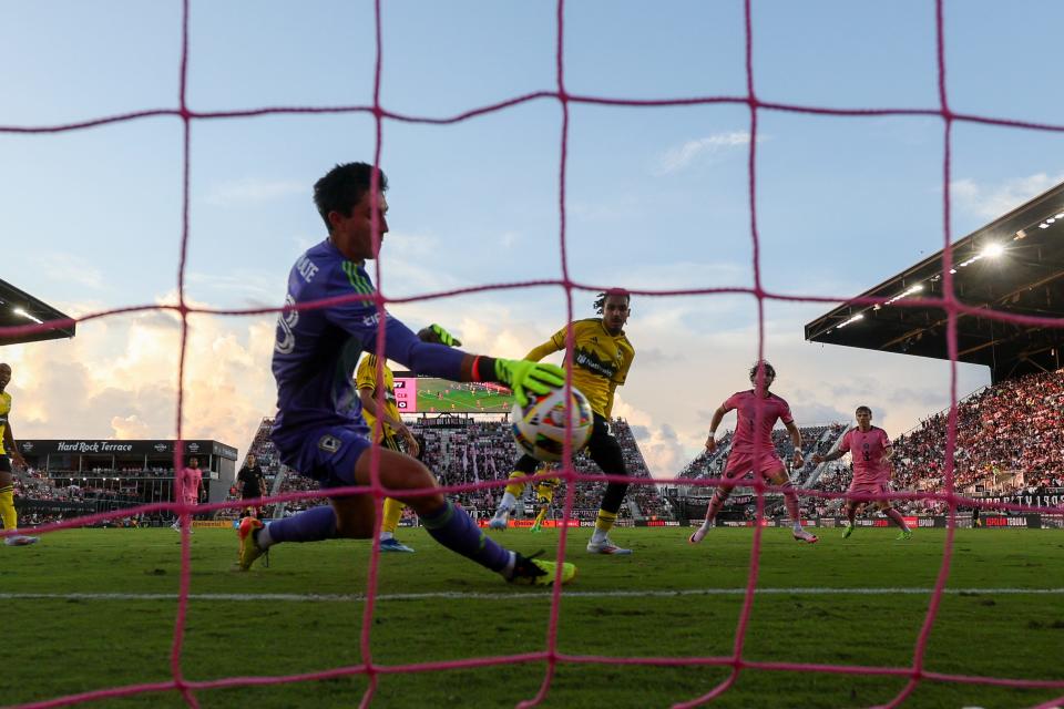 Jun 19, 2024; Fort Lauderdale, Florida, USA; Columbus Crew goalkeeper Patrick Schulte (28) makes a save against Inter Miami CF in the first half at Chase Stadium. Mandatory Credit: Nathan Ray Seebeck-USA TODAY Sports