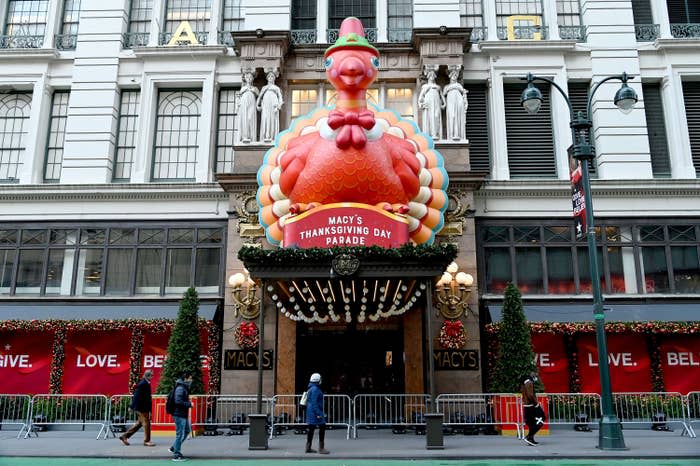 Turkey above the "Macy's Thanksgiving Day Parade" sign