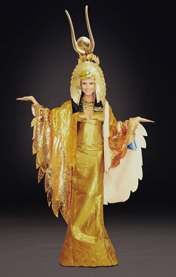 <p>No: 7: The mom of four waited a long time to wear this Cleopatra costume. Superstorm Sandy led her to cancel her annual soiree in 2012, but she vowed she would wear her costume and she did, having a Haunted Holiday party in early December instead, with proceeds from the bash going to the Red Cross. It took several hours to get her makeup done for the royal ensemble because she had hundreds of stones individually glued to her face. Now that’s dedication. (Photo: Michael Loccisano/Getty Images for Heidi Klum) </p>