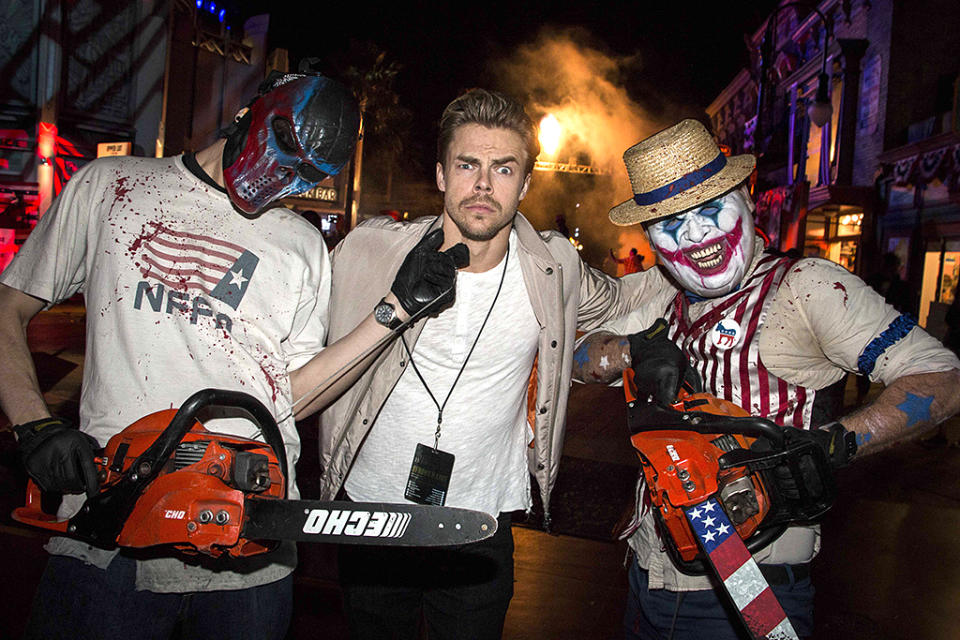 <p><i>Dancing With the Stars</i> pro Derek Hough probably wished he would have remembered to bring along his own chainsaw. (Photo: Nate Weber/Universal Studios Hollywood) </p>