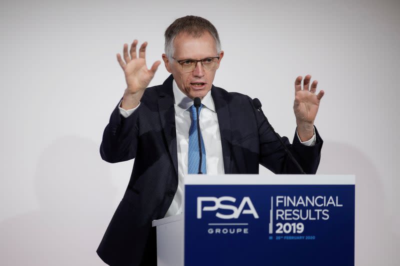 FILE PHOTO: Carlos Tavares, chief executive officer of PSA Group, speaks during the annual results news conference at their headquarters in Rueil-Malmaison, near Paris