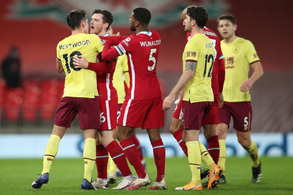 A Fabinho challenge just before half-time led to a coming-together between both sets of playersGetty Images