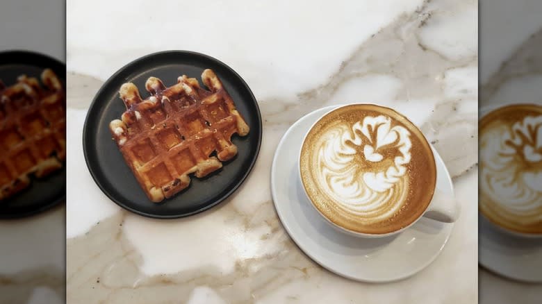 waffle and mug of latte 
