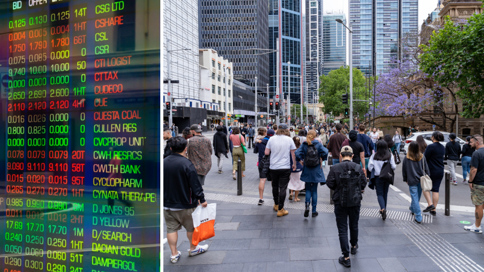 The ASX board showing company price changes and people walking in the Sydney CBD.