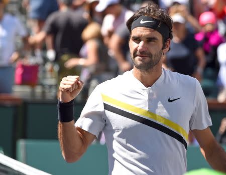 Mar 17, 2018; Indian Wells, CA, USA; Roger Federer (SUI) pumps his fist as he defeated Borna Coric (not pictured) during his semifinal match in the BNP Paribas Open at the Indian Wells Tennis Garden. Mandatory Credit: Jayne Kamin-Oncea-USA TODAY Sports