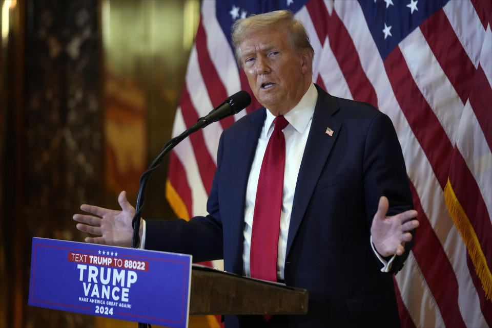 Republican presidential nominee former President Donald Trump speaks at Trump Tower in New York, Thursday, Sept. 26, 2024. (Seth Wenig)