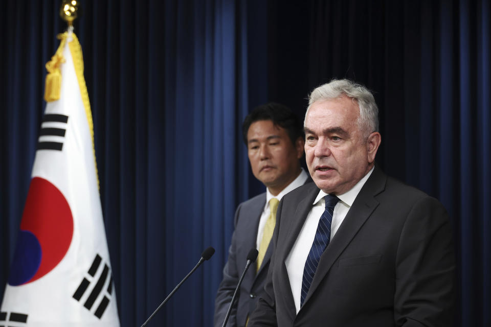 U.S. National Security Council Coordinator for Indo-Pacific Affairs Kurt Campbell, right, speaks as South Korea’s deputy national security director, Kim Tae-hyo looks on during a news conference at the Presidential Office in Seoul, South Korea, Tuesday, July 18, 2023. A bilateral consulting group of South Korean and U.S. officials met Tuesday in Seoul to discuss strengthening their nations’ deterrence capabilities against North Korea’s evolving nuclear threats. (Kim Hong-Ji/Pool Photo via AP)