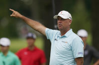 Stewart Cink yells fore from the 14th tee during the first round of the Rocket Mortgage Classic golf tournament, Thursday, July 28, 2022, in Detroit. (AP Photo/Carlos Osorio)