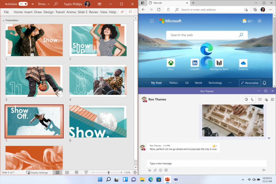 Multitasking gets a boost in Windows 11 with the ability to snap multiple apps in a variety of layouts across the screen. (Image: Microsoft)