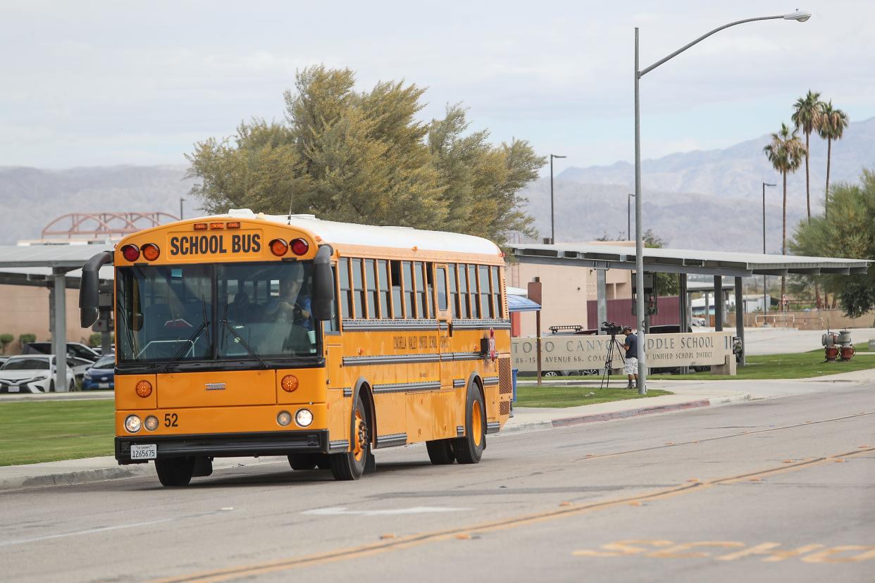 One of the buses that ferried students from three Thermal schools during an evacuation Wednesday.