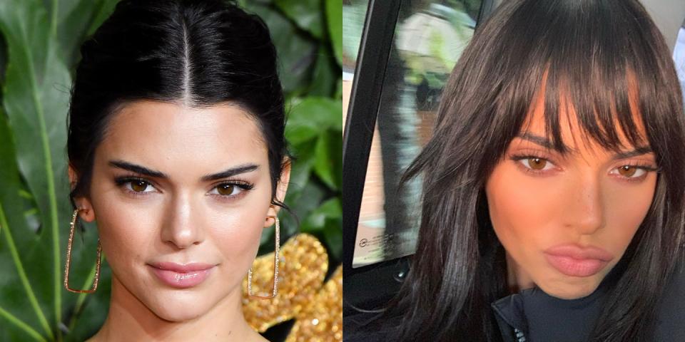 <p>Kendall shocked Instagram when she posted a pic rocking wispy bangs with the caption, "yes, no, maybe so?" It's unclear if the cut is real, or simply <a href="https://www.amazon.com/Fringe-Extensions-Hairpiece-Straight-Temples/dp/B07M68MMLY/ref=sr_1_7_a_it?ie=UTF8&qid=1549380084&sr=8-7&keywords=clip+in+bangs+long&tag=syn-yahoo-20&ascsubtag=%5Bartid%7C10065.g.2760%5Bsrc%7Cyahoo-us" rel="nofollow noopener" target="_blank" data-ylk="slk:a temporary situation;elm:context_link;itc:0;sec:content-canvas" class="link ">a temporary situation</a>. Celebrity hairstylist<a href="https://www.cosmopolitan.com/entertainment/a26140203/kendall-jenner-bangs-2019/" rel="nofollow noopener" target="_blank" data-ylk="slk:Jen Atkin seemed to confirm;elm:context_link;itc:0;sec:content-canvas" class="link "> Jen Atkin seemed to confirm</a> the cut's authenticity when she posted on her Instagram story that she had, in fact, cut Kendall's hair. However, you never know with celebs these days and we will just have to wait and see if Kendall's new look is here to stay. </p>