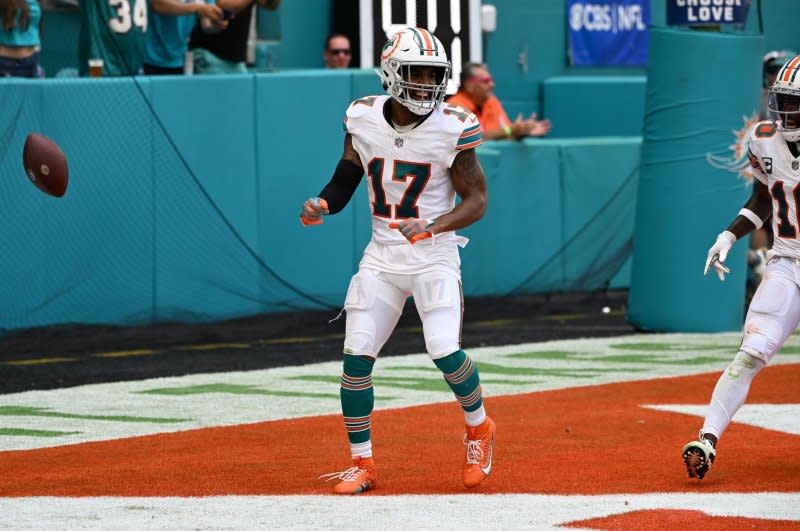 Miami Dolphins wide receiver Jaylen Waddle celebrates a touchdown against the New England Patriots on Sunday at Hard Rock Stadium in Miami Gardens, Fla. Photo by Larry Marano/UPI