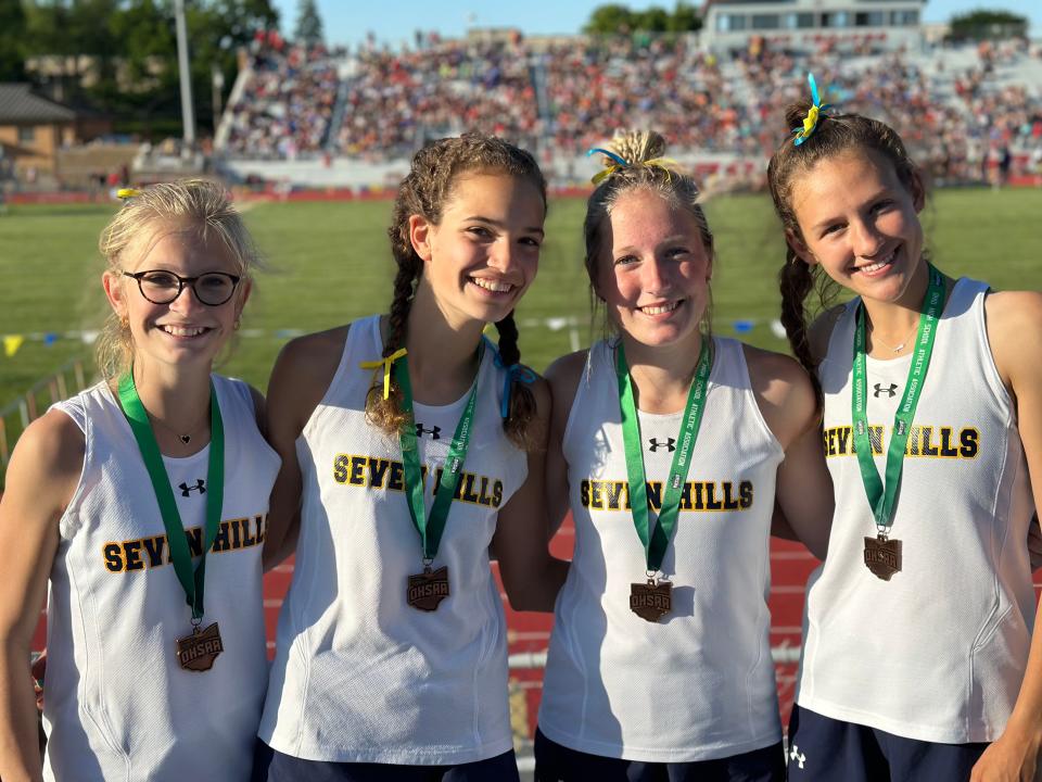 The Seven Hills 4x200 relay team finished in third in regionals while advancing to the state meet. Relay members include Amelia Schnirring, Claire Bachelder, Margret Schnirring and Callie Drew.