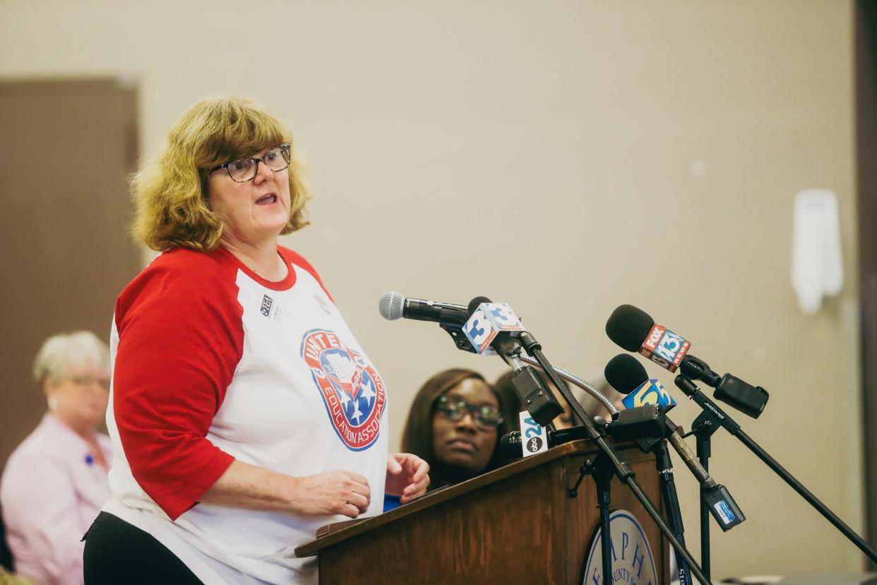 An United Educational Association teacher spoke during a special-called board meeting about the "rapid and chaotic changes taking place in Memphis-Shelby County Schools" on Tuesday, June 11, 2024, at Shelby County Board of Education in Memphis, Tenn.