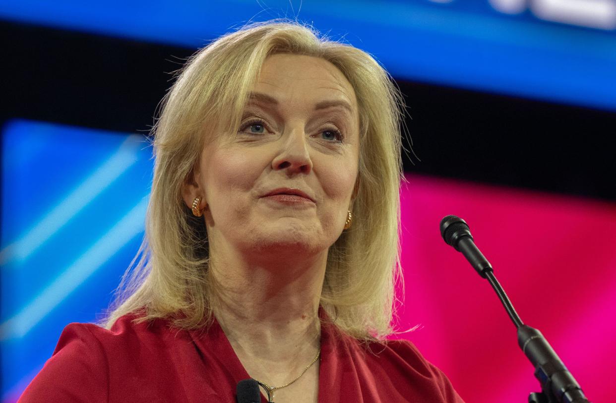Oxon Hill, United States. 22nd Feb, 2024. Liz Truss, former Prime Minister of the United Kingdom, makes remarks at the 2024 Conservative Political Action Conference (CPAC) in National Harbor, Maryland, US, on Thursday, February 22, 2024. Credit: Ron Sachs /CNP/AdMedia/Newscom/Alamy Live News