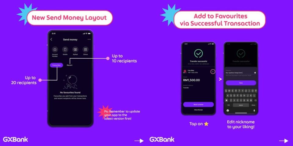 GXBank users can add up to 20 preferred recipients, while the Recent tab displays up to 10 accounts of your recent transfers. - Image by SoyaCincau via Gxbank