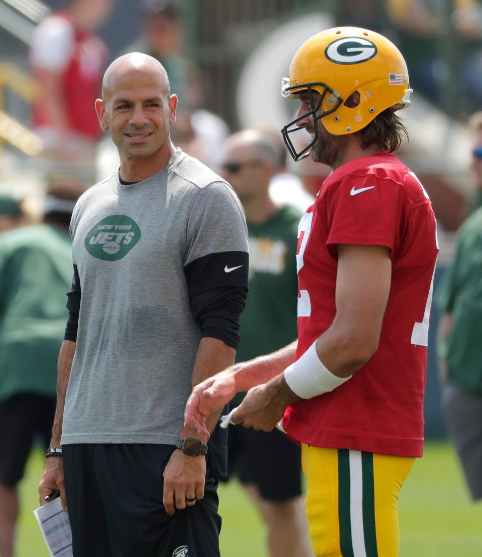 Former Packers QB Aaron Rodgers, right, is joining forces with the Jets and coach Robert Saleh.