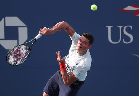 Aug 31, 2016; New York, NY, USA; Milos Raonic of Canada serves against Ryan Harrison of the United States (not pictured) on day three of the 2016 U.S. Open tennis tournament at USTA Billie Jean King National Tennis Center. Harrison won 6-7(4), 7-5, 7-5, 6-1. Mandatory Credit: Geoff Burke-USA TODAY Sports