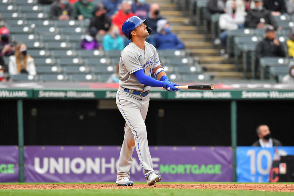 CLEVELAND, OHIO - APRIL 05: Whit Merrifield #15 of the Kansas City Royals watches a sacrifice fly during the seventh inning of the home opener against the Cleveland Indians at Progressive Field on April 05, 2021 in Cleveland, Ohio. (Photo by Jason Miller/Getty Images)