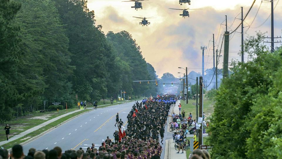 Approximately 18,000 Army paratroopers assigned to the 82nd Airborne Division participate in the division run during All American Week 2018. (Pfc. Alleea Oliver/Army)