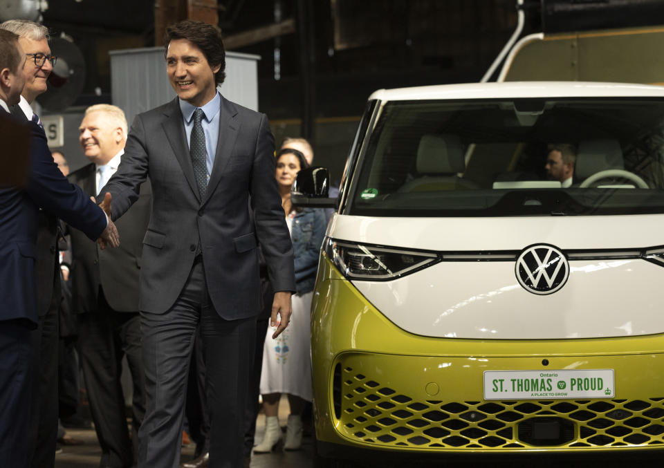Canada Prime Minister Justin Trudeau arrives to make an announcement on a Volkswagen electric vehicle battery plant at the Elgin County Railway Museum in St. Thomas, Ontario, Friday, April 21, 2023. (Tara Walton/The Canadian Press via AP)