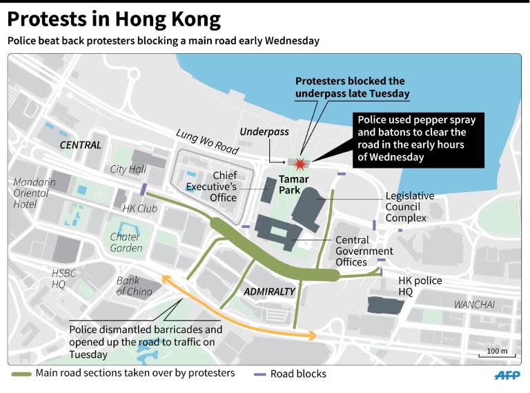 Map showing the site in Hong Kong where police used pepper spray and batons to clear protesters blocking a main road on Wednesday