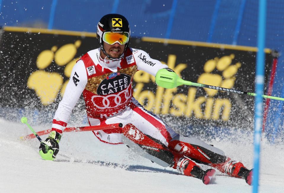 Austria's Marcel Hirscher skis during the first run of a men's World Cup slalom ski race Sunday, March 19, 2017, in Aspen, Colo. (AP Photo/Nathan Bilow)