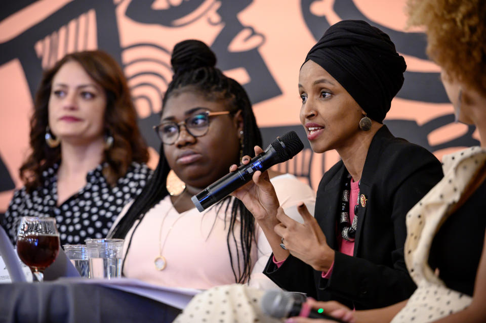 Omar speaks on a panel during the Paycheck Fairness and Women's Workforce Development Town Hall in Minneapolis on April 24, 2019. (Photo: Caroline Yang for HuffPost)