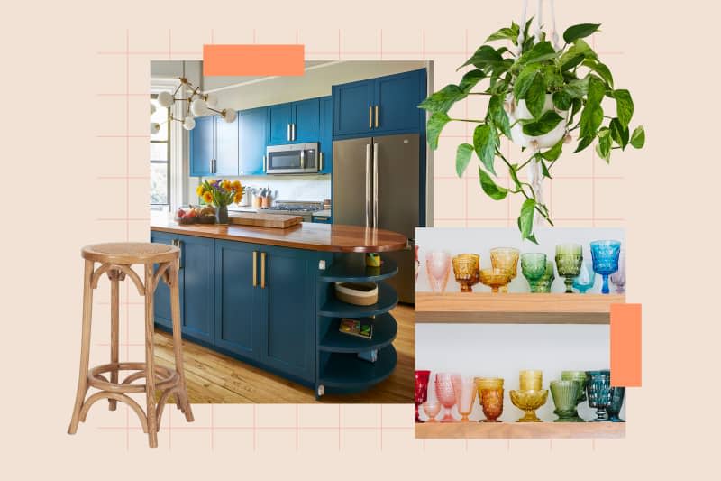 graphic collage with an image of a blue kitchen, colored glassware, a hanging planter, and a rattan stool
