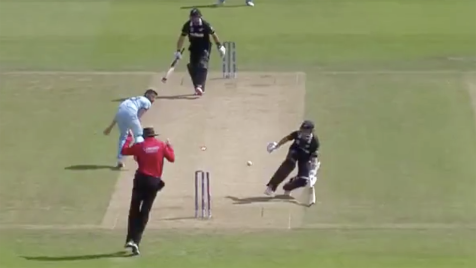 New Zealand skipper Kane Williamson was desperately unlucky to be given out after England's Mark Wood got his hands to a cover drive that cannoned into the stumps at the non-striker's end. Picture: Cricket World Cup/Star Sports