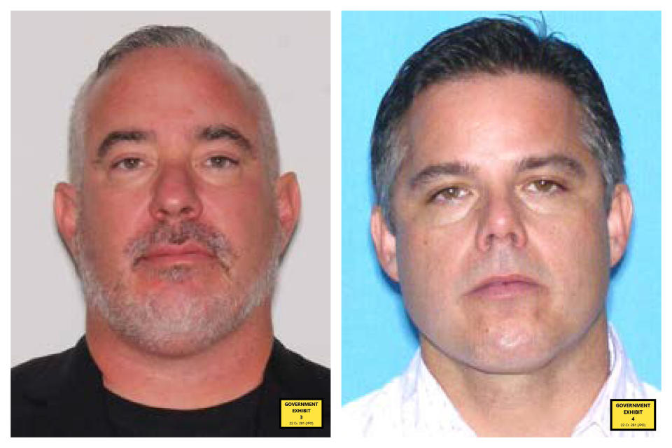 This combination of photos provided by the U.S. Attorney's Office in Manhattan in October 2023, shows David Macey, left, and Luis Guerra. Federal prosecutors are expanding their investigation into a bribery scheme involving two former U.S. Drug Enforcement Administration supervisors, turning their attention to the two Miami defense attorneys, Macey and Guerra, suspected of profiting from repeated leaks of confidential DEA information. The U.S. Attorney's Office in Manhattan filed court papers Monday, Jan. 22, 2024, accusing the lawyers of bankrolling the scheme and asking a judge to allow prosecutors to review nearly 1,000 emails, text messages and recordings of protected phone calls between the attorneys and Manny Recio, a former DEA agent who later worked for the attorneys as a private investigator. (U.S. Attorney's Office in Manhattan via AP)